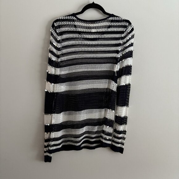 Chicos Wmn 2/L Navy Blue/White Silver Sequin Open Knit Pullover Tunic Sweater - Picture 7 of 7